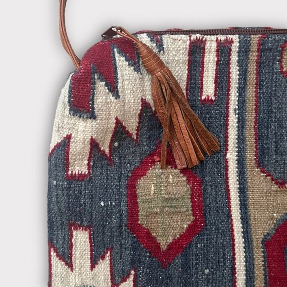 Southwestern Kelim Saddle Blanket Woven Tote Bag Purse Tooled Leather Trim - Picture 2 of 11